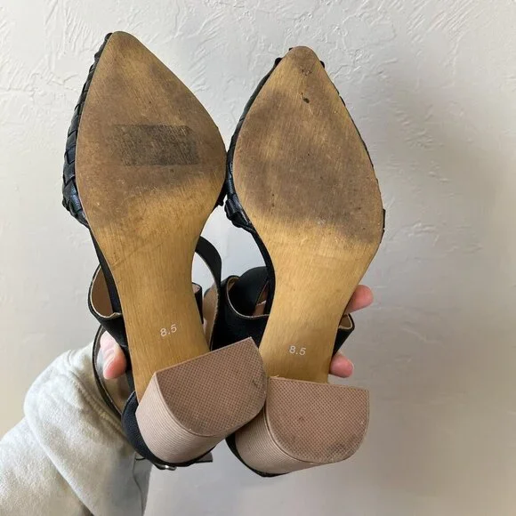 Bohme Zoey Black Heel Woven Boho 8.5 Pointed Strappy Leather Chunky Criss Cross - Picture 7 of 7